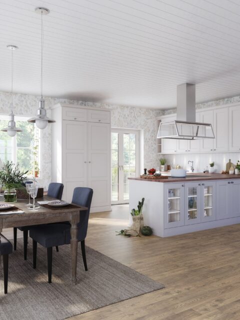 Kök med luckor Fäviken i vitt och New England stil